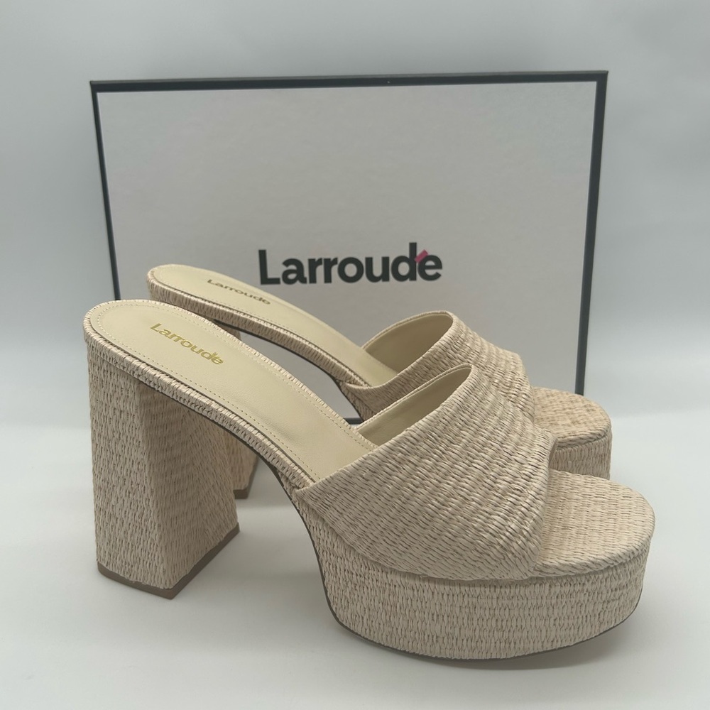 Larroudé Dolly Mule Raffia Platform Block Heels Beach Size 11New With Box - Picture 13 of 13